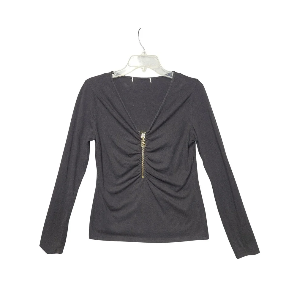 Michael Kors Womens Black Long Sleeve Ruched V-Neck Gold Zip Front Top